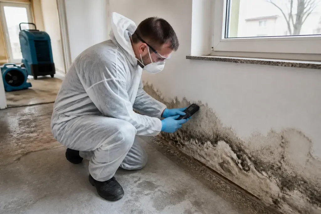 Professionelle sanierung nach wasserschaden: Handwerker prüft feuchte Wand mit Messgerät in Solingen.