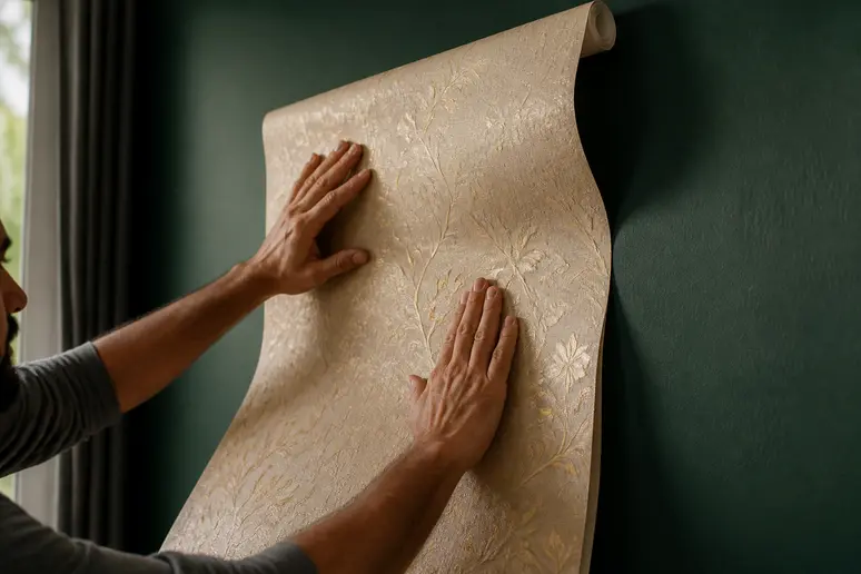 Handwerker bringt goldene Vliestapete mit dezentem Muster auf eine dunkelgrüne Wand an.