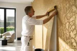 Meisterhafte Anbringung einer goldenen Tapete durch einen Maler in einem stilvollen Wohnraum, Solingen.
