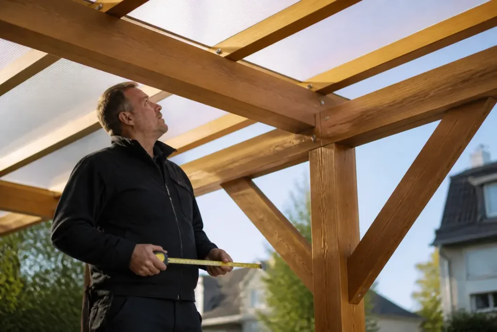Meister inspiziert Holz Terrassenüberdachung mit Polycarbonat, detaillierte Handwerkskunst