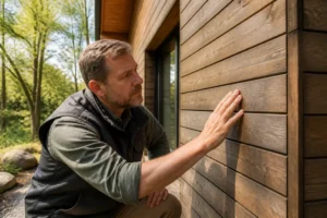 Wie lange hält ein Holzhaus wirklich? Ein Handwerker prüft die Holzfassade eines modernen Hauses für lange Lebensdauer.