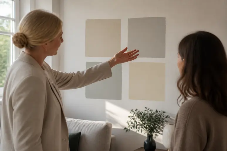 Farbwirkung im Wohnzimmer: Helle und dunkle Wandfarben je nach Lichteinfall und Himmelsrichtung.