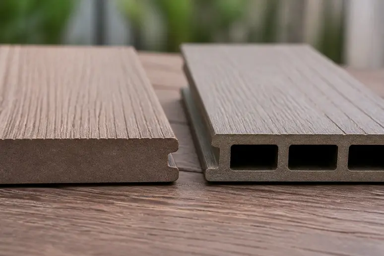 Nahaufnahme von zwei WPC-Terrassendielen, eine massiv, die andere mit Hohlkammern, zeigt den Materialunterschied.