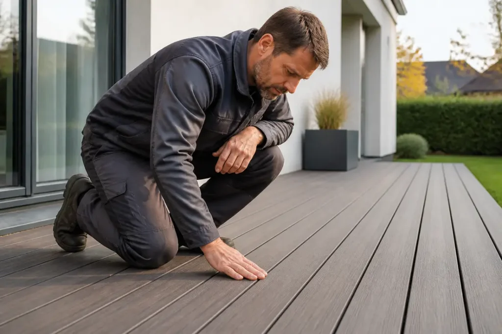 Ein Handwerker prüft eine WPC-Terrassendiele auf einer Baustelle in Deutschland.